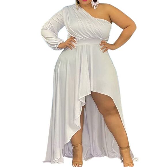 IyMoo Womens Sexy Plus Size Long Sleeve Ruched Elegant High Low Maxi Dress - Picture 5 of 15